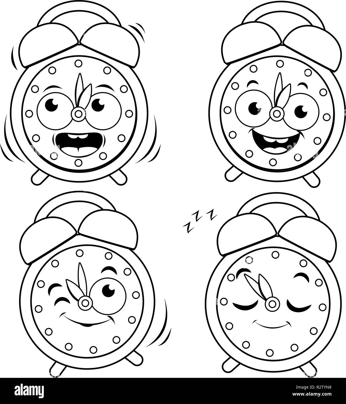 Réveils joyeux. Personnages d'horloge de dessin animé. Page de coloriage noir et blanc vectoriel. Illustration de Vecteur