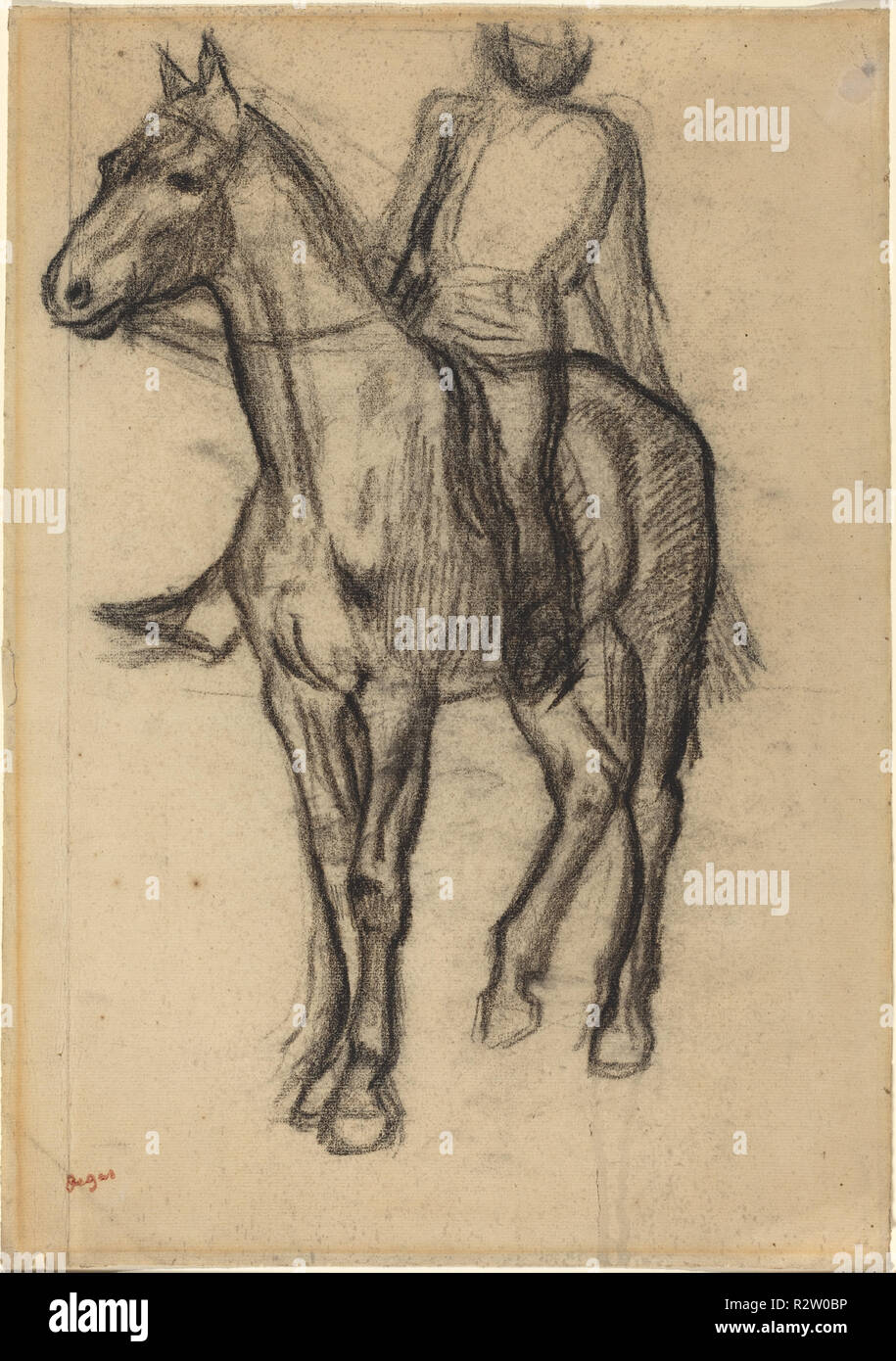 Le cheval et le cavalier. En date du : ch. 1878. Dimensions : hors tout : 46,7 x 33 cm (18 3/8 x 13 in.). Médium : huilés craie noire sur papier vergé crème. Musée : National Gallery of Art, Washington DC. Auteur : Edgar Degas. Banque D'Images