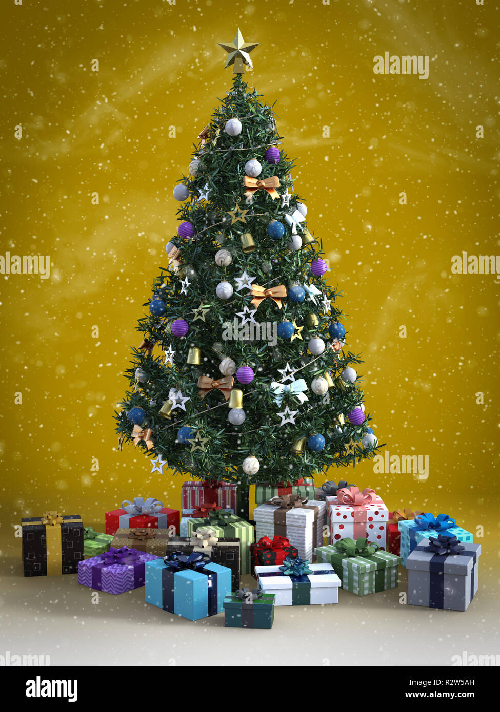 Le rendu 3D d'un arbre de Noël décoré avec beaucoup de cadeaux sous elle. Arrière-plan de couleur nostalgique avec un sentiment vintage et de la neige dans l'air. Banque D'Images