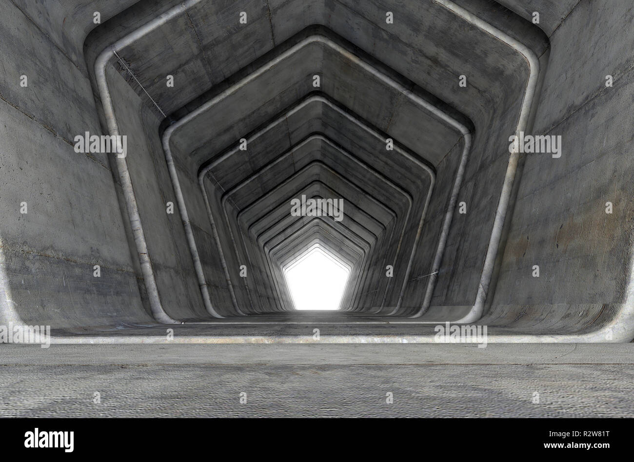 Un regard vers le bas un tunnel en béton fabriqué à partir de formes géométriques pentagonale avec une lumière dans la distance à l'extrémité - 3D render Banque D'Images