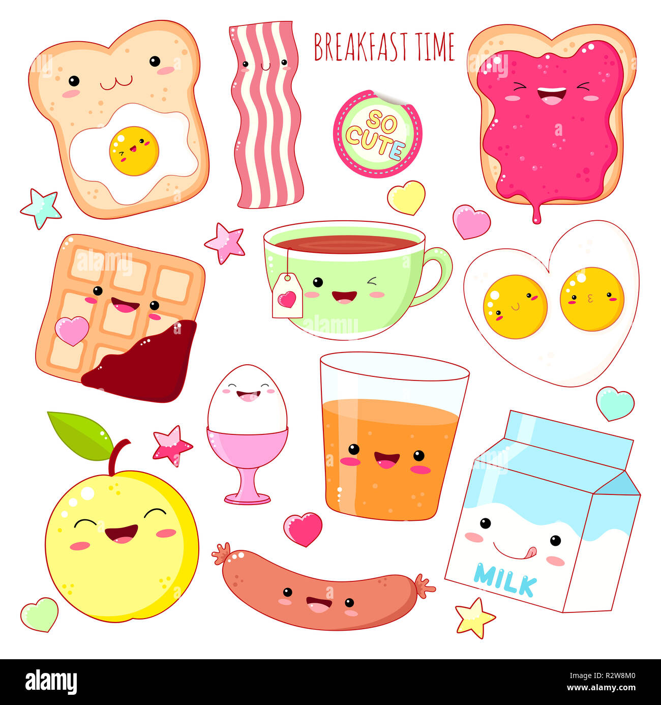 L'heure du petit-déjeuner. Ensemble d'icônes dans l'alimentation cute kawaii style avec sourire et les joues roses de sweet design. Spe8 Banque D'Images