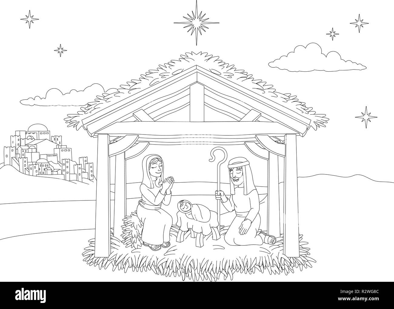 Scène de Noël Nativité Cartoon Coloration Illustration de Vecteur