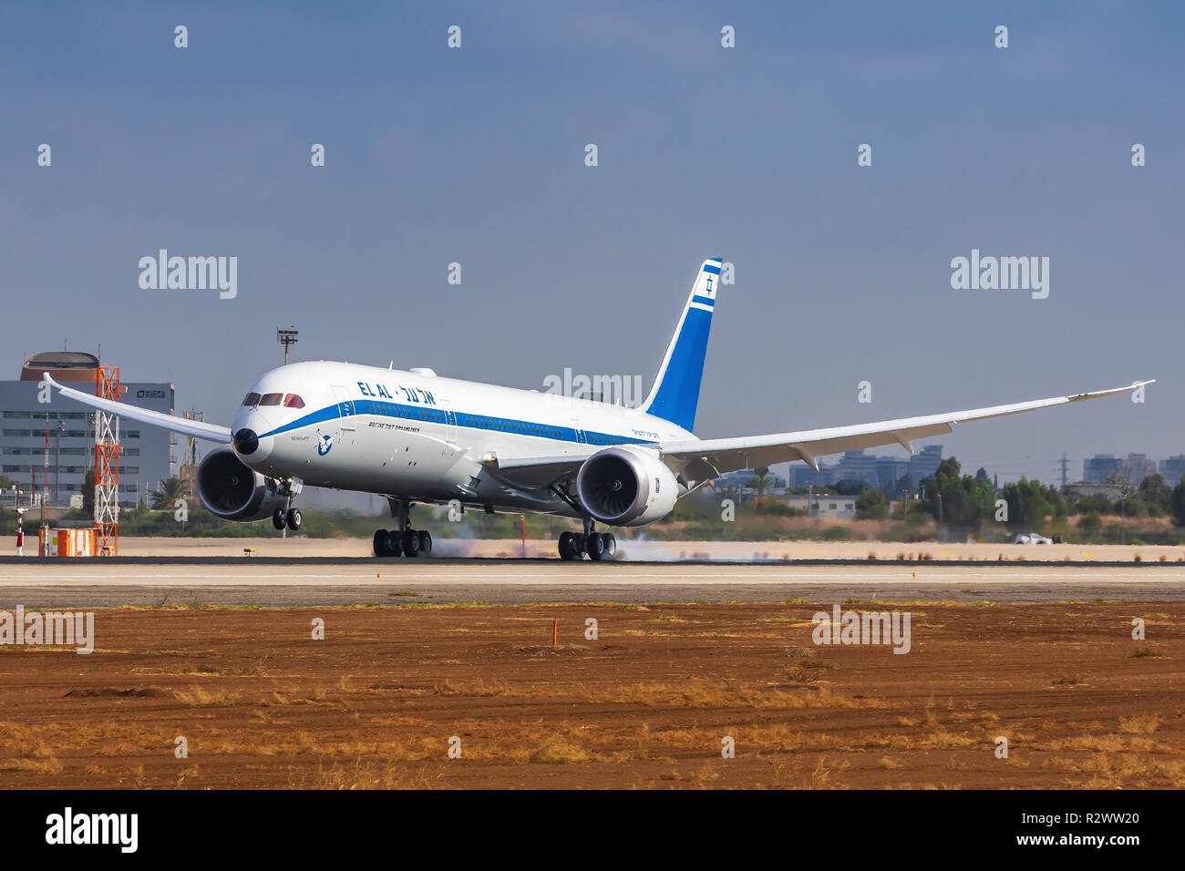 El Al Boeing 787-9 Dreamliner a photographié à l'aéroport Ben Gourion, Israël Banque D'Images