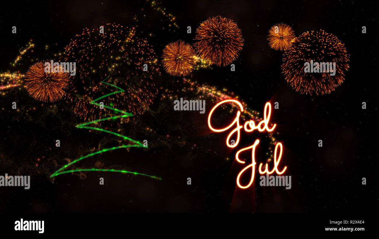 Joyeux Noel Texte En Suedois Et Norvegien Dieu Jul Sur Pine Tree Avec Particules Scintillantes Et D Artifice Sur Un Fond De Neige Photo Stock Alamy