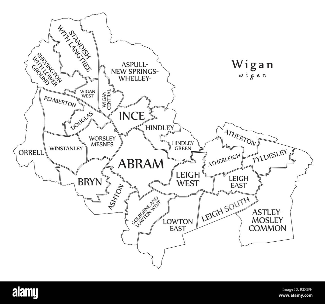 Plan de la ville moderne - Wigan ville d'Angleterre avec des pupilles et titres UK contour plan Illustration de Vecteur