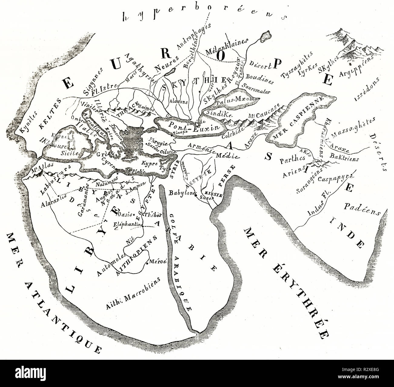 La carte du monde selon Hérodote contemporains. Par Mac Carthy, publ. sur Magasin Pittoresque, Paris, 1846 Banque D'Images