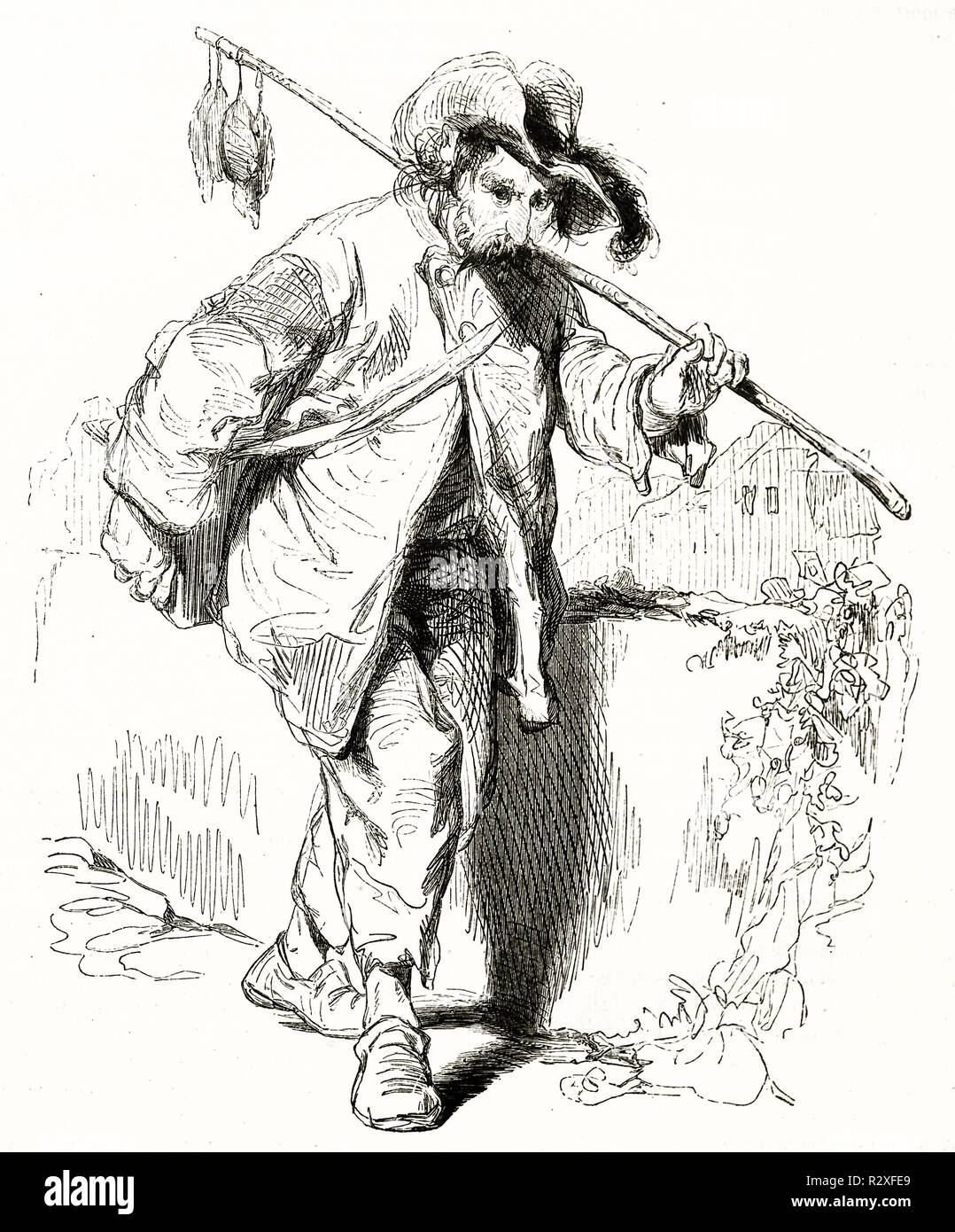Vieille illustration représentant un vendeur de poison à rat. Par Gavarni, publ. sur Magasin Pittoresque, Paris, 1846 Banque D'Images