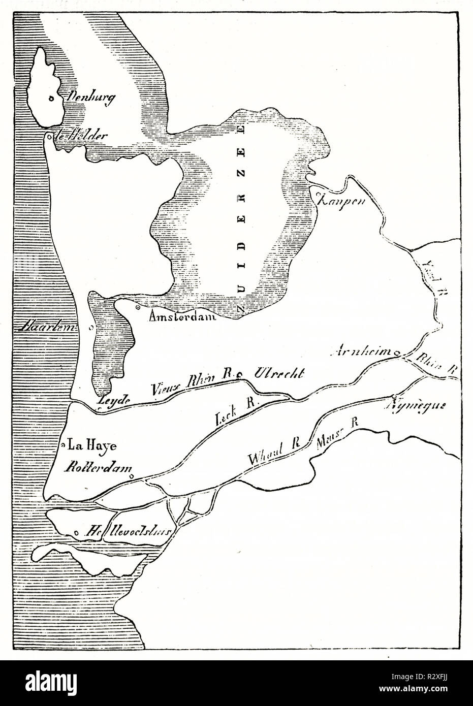 Ancien plan de delta de l'escaut-Rhin-meuse, aux Pays-Bas. Par auteur non identifié, publ. sur Magasin Pittoresque, Paris, 1846 Banque D'Images