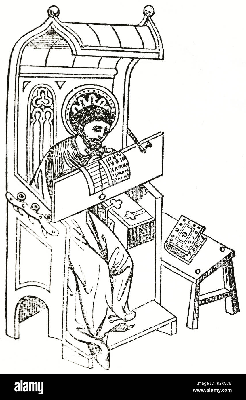scribe du xive siècle représenté avec un contour noir minimal sur fond blanc par un artiste non identifié. Magasin pittoresque 1846 Banque D'Images