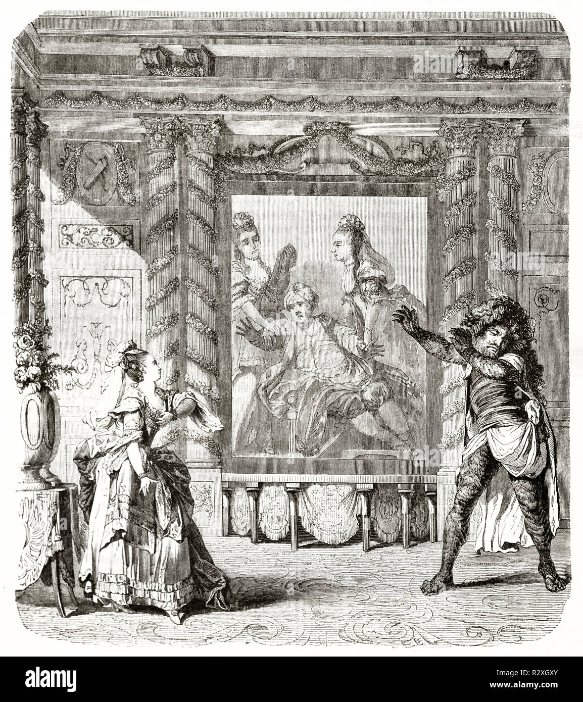 Ancienne illustration d'une scène de ballet-opéra Zemine et Azor. Art de style gravure vintage publié dans le magazine Pittoresque 1771 Banque D'Images