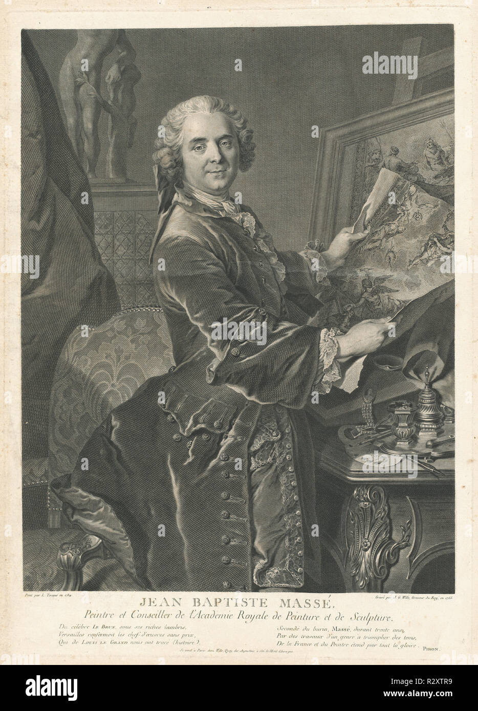 Jean Baptiste Massé. En date du : 1755. Fiche technique : Dimensions : 63 × 45,4 cm (24 13/16 × 17 7/8 in.) : plaque 49,5 × 35,5 cm (19 1/2 x 14 in.). Technique : gravure sur bois sur papier. Musée : National Gallery of Art, Washington DC. Auteur : Johann Georg Wille après Louis Tocqué. Banque D'Images