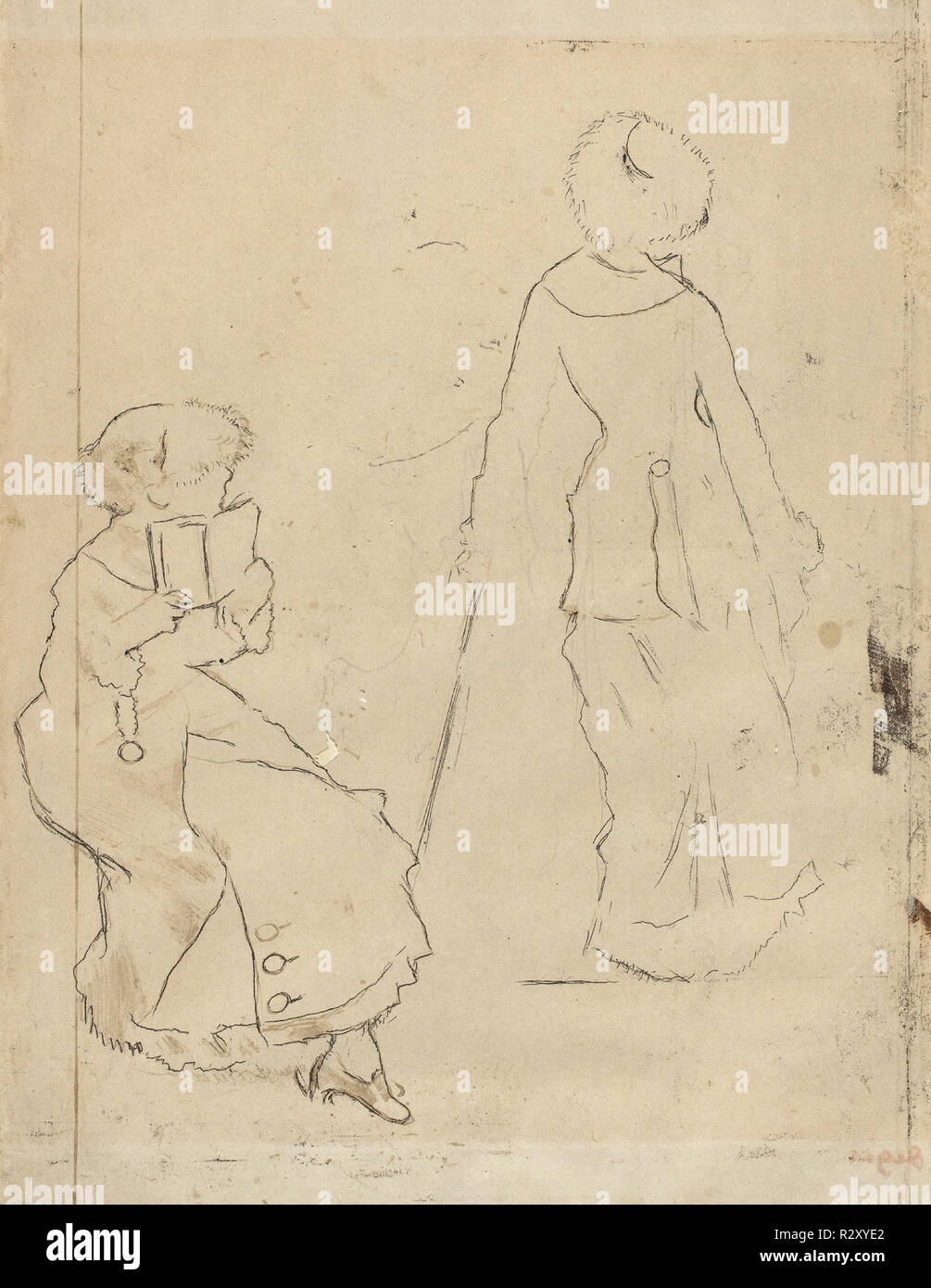 Étude pour "Mary Cassatt au Louvre' [verso]. En date du : ch. 1879. Dimensions : hors tout : 32,3 x 24,5 cm (12 11/16 x 9 5/8 in.). Médium : le carbone et softground transfert cire sur papier vélin. Musée : National Gallery of Art, Washington DC. Auteur : Edgar Degas. Banque D'Images