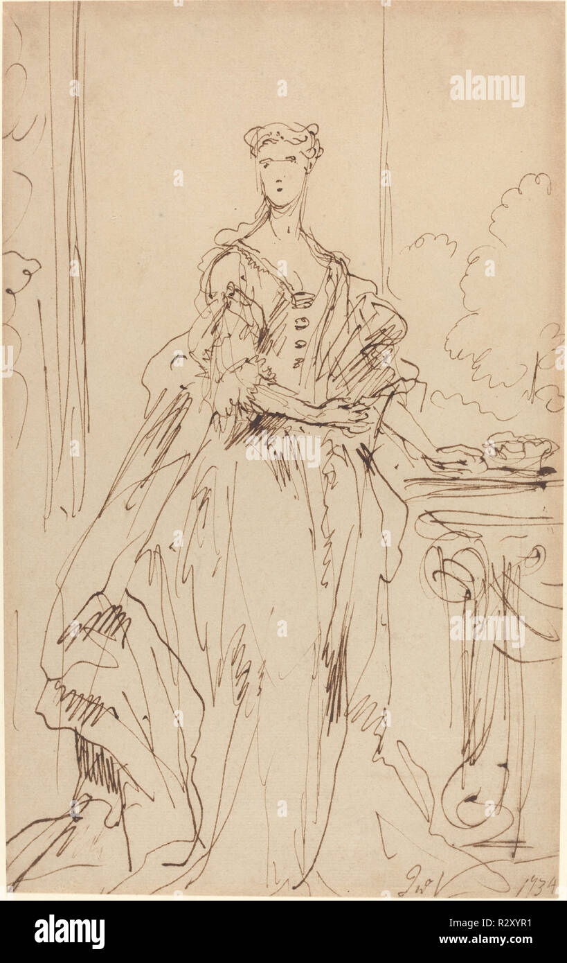 Portrait d'une dame debout. En date du : 1734. Dimensions : hors tout : 29,7 x 18,5 cm (11 11/16 x 7 5/16 in.). Médium : plume et encre brune sur papier vergé. Musée : National Gallery of Art, Washington DC. Auteur : John Vanderbank. Banque D'Images