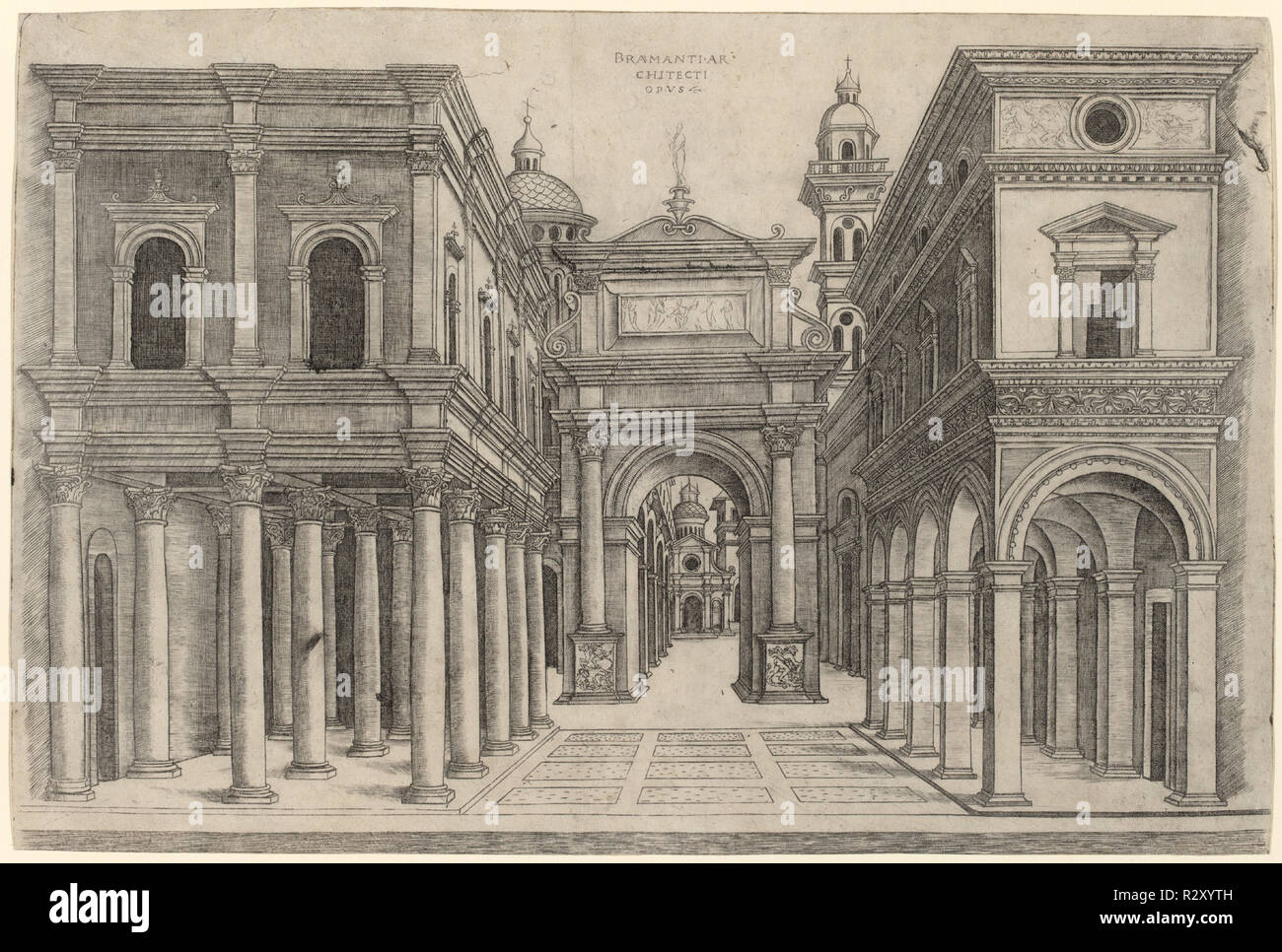 Une rue avec plusieurs bâtiments, les Colonnades et un arc. En date du : ch. 1500/1510. Technique : gravure. Musée : National Gallery of Art, Washington DC. Auteur : attribué à Tsoan Andrea après Donato Bramante. Banque D'Images