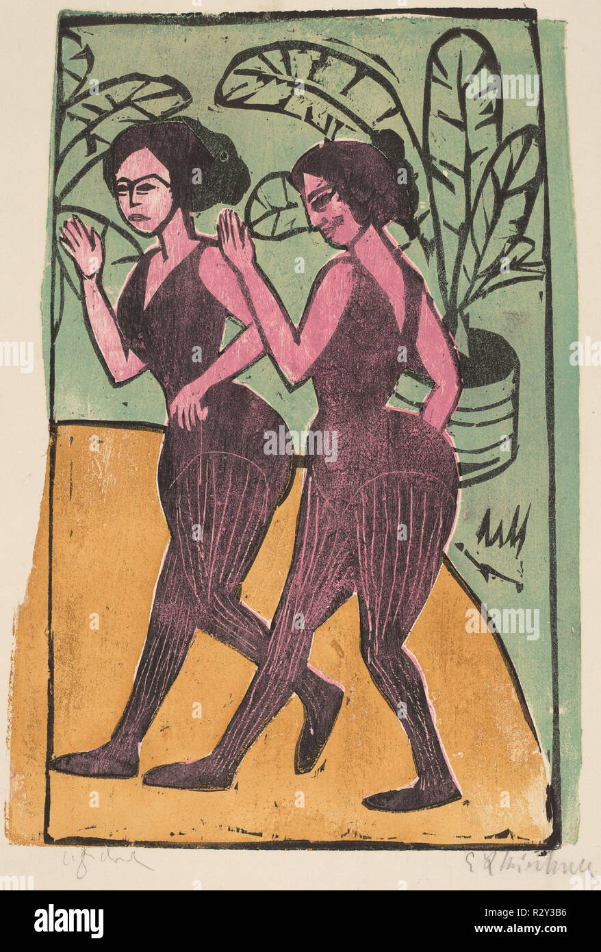 Danseurs anglais. En date du : 1911. Dimensions : 40,5 x 27,5 image : cm (15 15/16 x 10 13/16 in.) : feuille 54 x 40 cm (21 1/4 x 15 3/4 in.). Médium : gravure sur bois imprimée en noir, jaune, vert et rose sur un papier buvard. Musée : National Gallery of Art, Washington DC. Auteur : Ernst Ludwig Kirchner. Banque D'Images