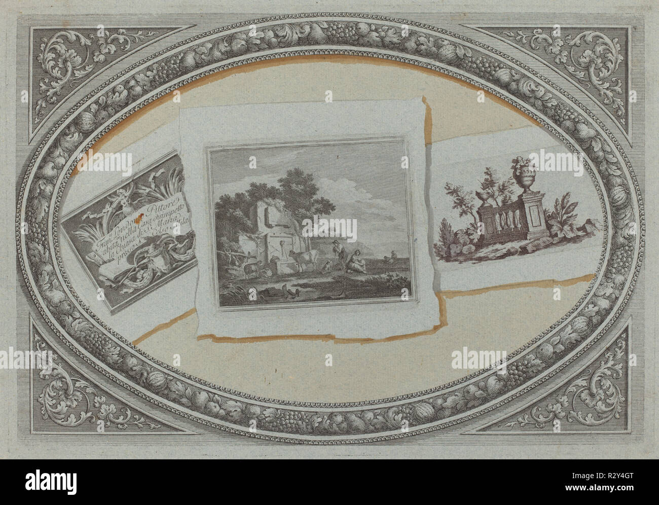 Trompe-l'Oeil : Imprime avec Londonio's Carte d'appel, à l'aide de cuivres originaux. En date du : ch. 1790. Dimensions : Plateau : 25,8 x 37,5 cm (10 3/16 x 14 3/4 in.) : 28,9 x 42,8 Fiche cm (11 3/8 x 16 7/8 in.). Technique : gravure et la gravure imprimée en noir et brun à l'ocre aquarelle sur papier vergé bleu. Musée : National Gallery of Art, Washington DC. Auteur : Milanese 18ème siècle, Francesco Londonio, et Benigno Bossi. Banque D'Images