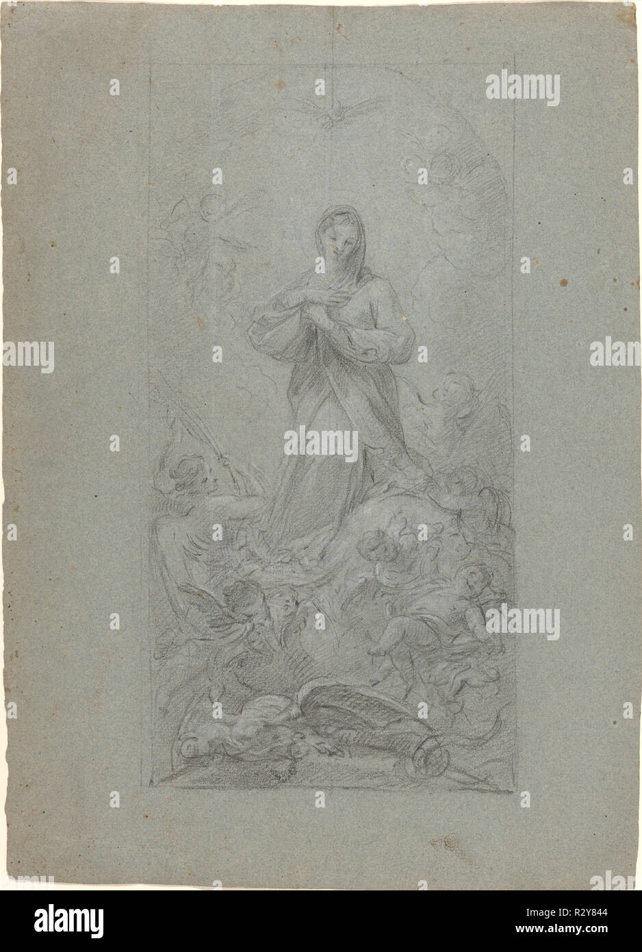 La Vierge Immaculée. En date du : 1726/28 ?. Dimensions : hors tout : 40 x 29 cm (15 3/4 x 11 7/16 po.). Médium : craie noire rehaussée de blanc sur papier bleu. Musée : National Gallery of Art, Washington DC. Auteur : Martino Altomonte. Banque D'Images