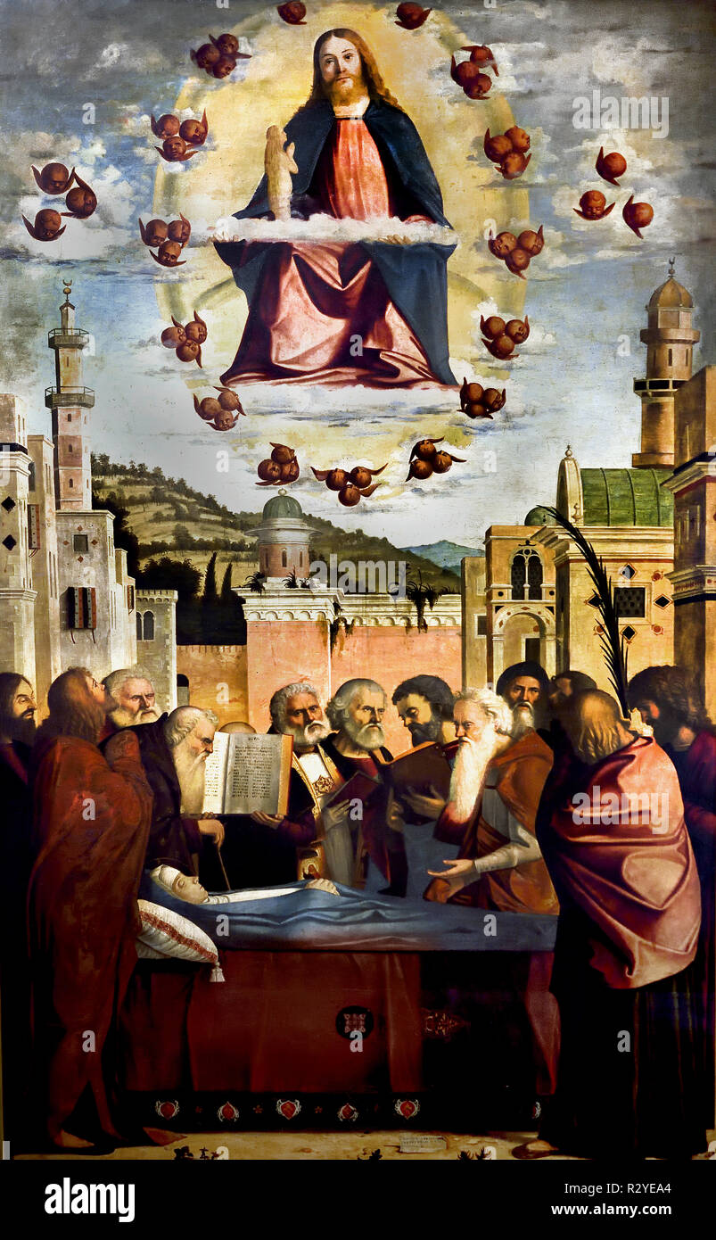 La mort de la Vierge par Vittore Carpaccio Venise, c. 1460/65 - 1525/26 l'Italie, l'italien. ( Madonna étendu sur le lit funèbre entouré par les apôtres, et du Christ en gloire rassemblant son âme ) Banque D'Images