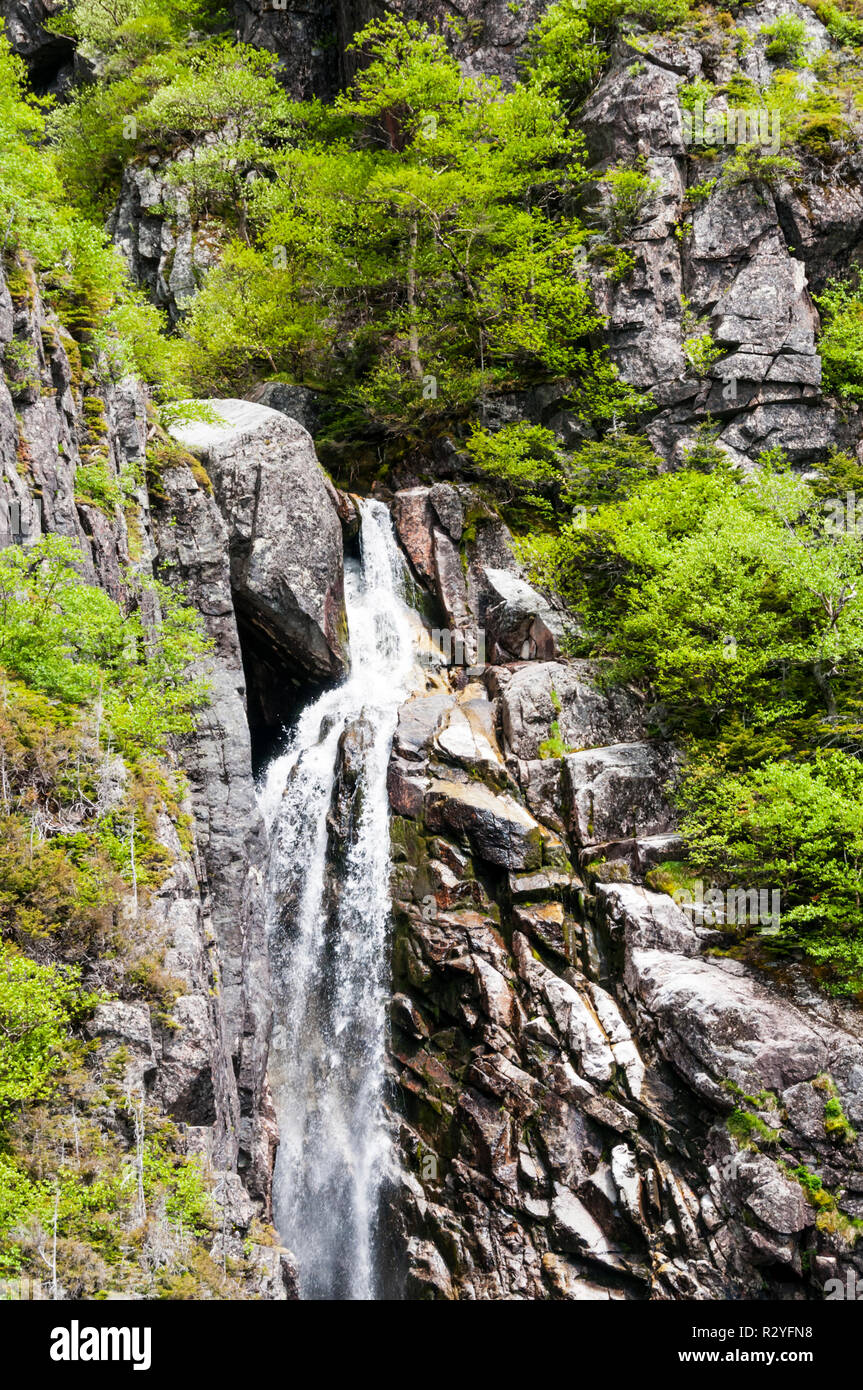 Cascade de denim bleu entrant dans l'étang Western Brook dans le parc national du Gros-Morne, à Terre-Neuve. Banque D'Images