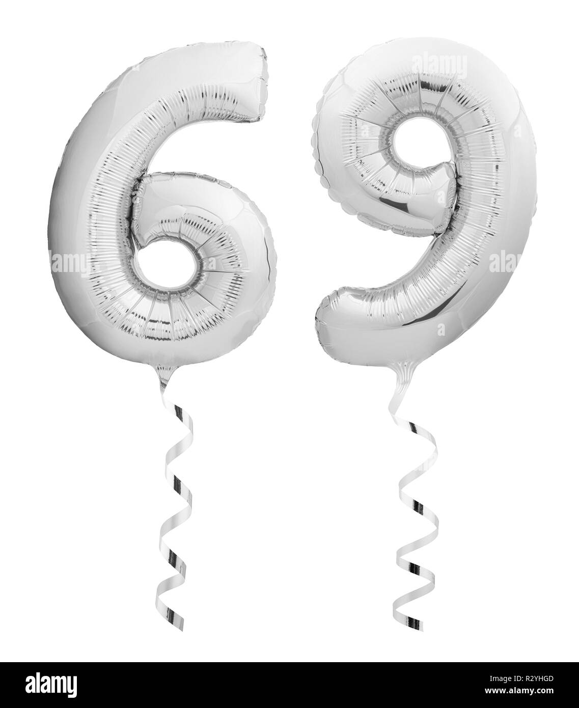 Argent soixante neuf 69 faits de ballon gonflable avec le ruban sur fond blanc Banque D'Images