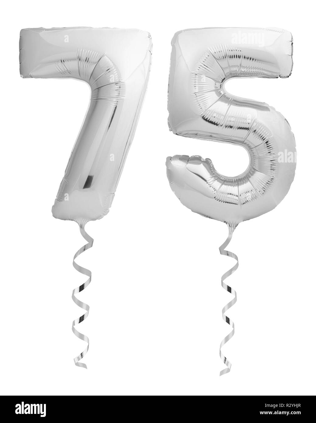 Chrome argent 75 numéro 75 fait de ballon gonflable avec le ruban sur fond blanc Banque D'Images