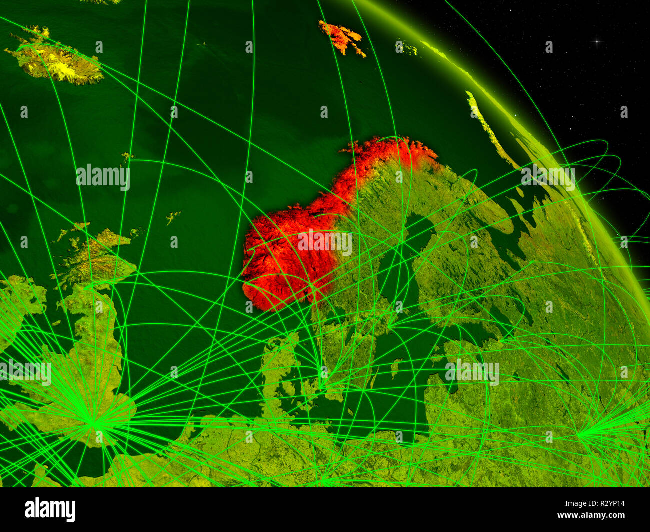 La Norvège à partir de l'espace sur le modèle de réseau numérique avec la planète Terre. Concept de la technologie numérique, la connectivité et les voyages. 3D illustration. Éléments de Banque D'Images