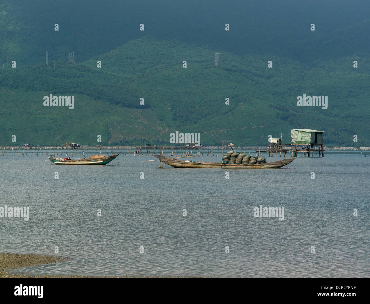 Les bateaux de pêche et jeter l'ancre dans Lang Co village lagoon Sud Vietnam tour entre une lagune et la mer de Chine du Sud connue pour les fruits de mer Banque D'Images