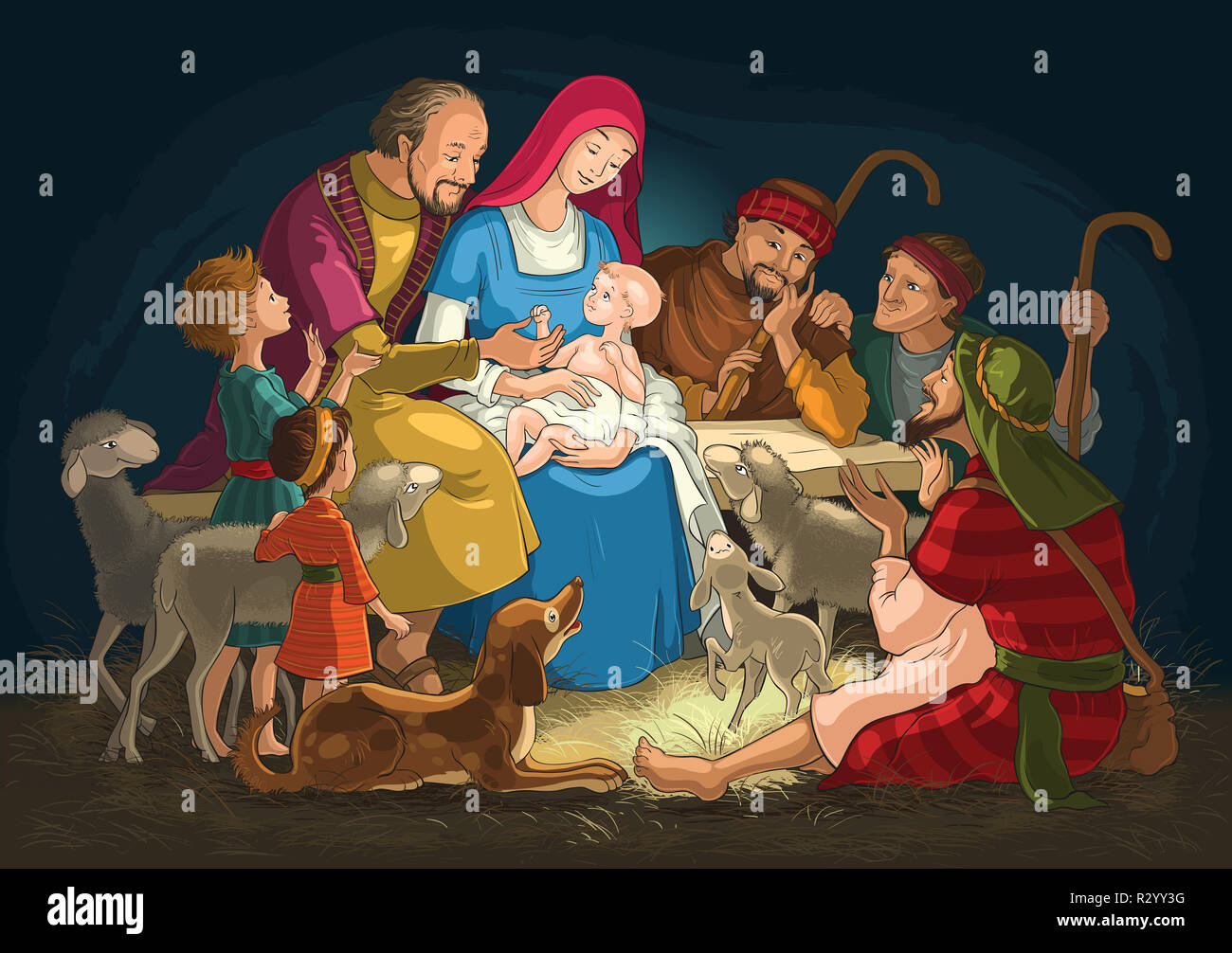 Crèche de Noël avec la Sainte Famille (l'enfant Jésus, Marie, Joseph) et des bergers Banque D'Images