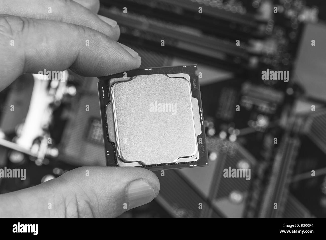 Les griffes de l'homme des maquettes pour pc de 8e gen sur carte mère d'arrière-plan Vue de dessus gros plan, photo en noir et blanc Banque D'Images