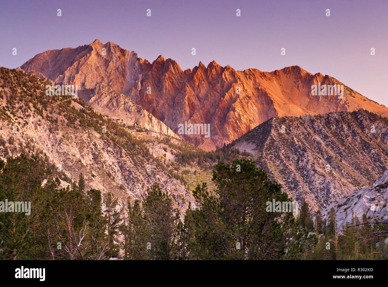 Mont Emerson et Piute Crags, vu de Blue Lake dans la région de l'Est, Bassin Sabrina Sierra Nevada, John Muir Wilderness, California, USA Banque D'Images