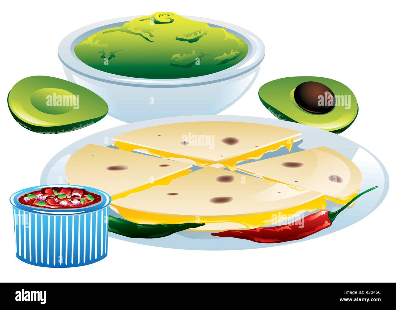 Illustration de quesadillas avec guacamole et salsa Illustration de Vecteur