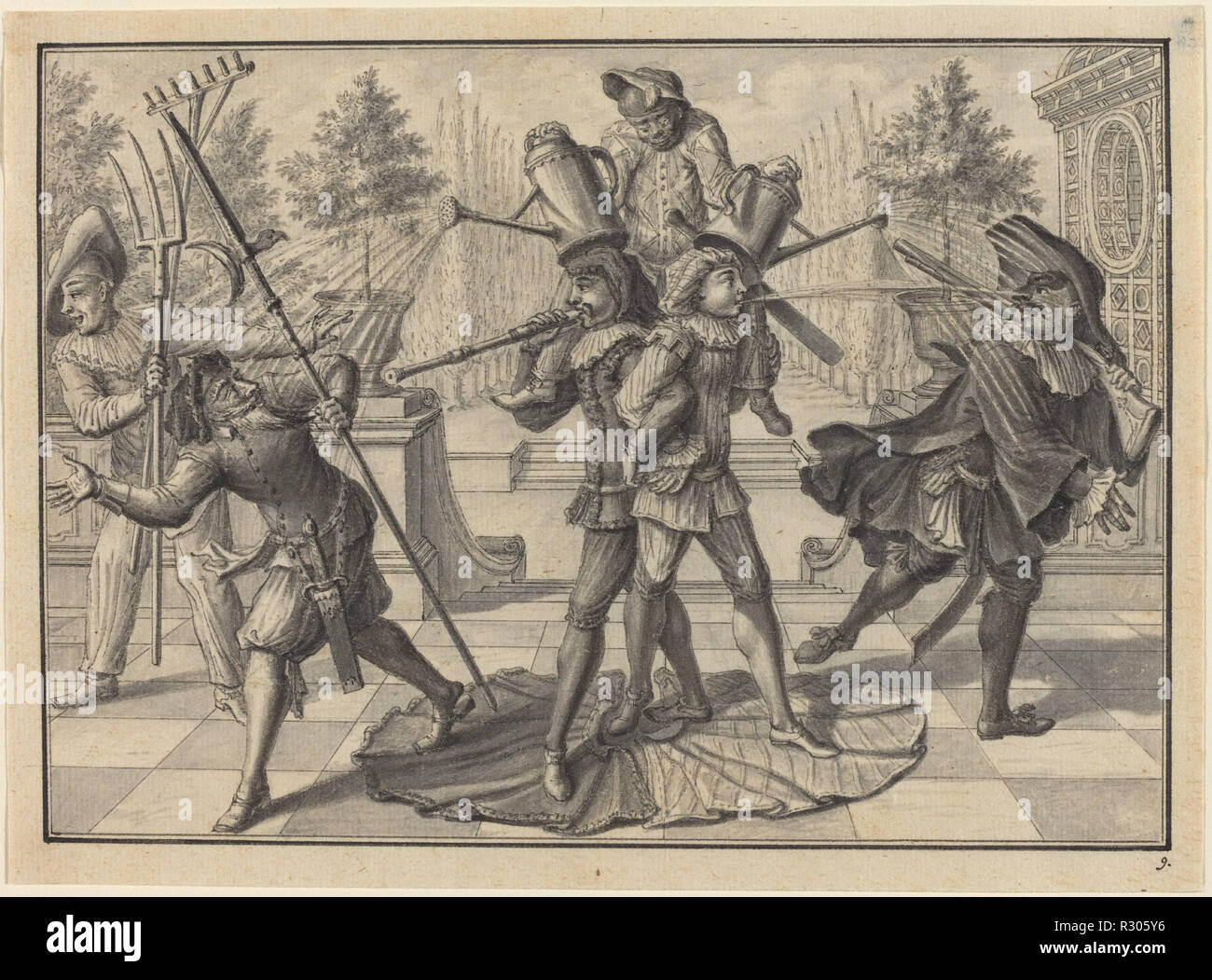 Arlequin et Scaramouche créer une "Fontaine". En date du : 1729. Dimensions : image : 12,3 x 17,5 cm (4 13/16 x 6 7/8 in.) planche : 13,5 x 18,5 cm (5 5/16 x 7 5/16 in.). Médium : plume et encre noire et grise se laver sur papier vergé, marqué pour le transfert. Musée : National Gallery of Art, Washington DC. Auteur : Johann Jacob Schübler. Banque D'Images