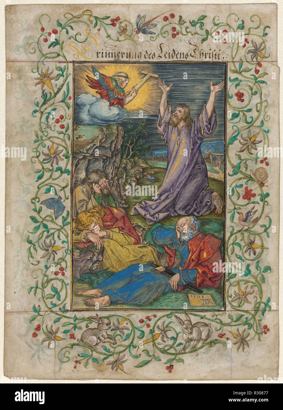 Le Christ au mont des Oliviers. En date du : 1508 et années 1580. Fiche technique : Dimensions : 17,5 × 12,8 cm (6 7/8 x 5 1/16 in.) feuille : 25 × 22,5 cm (9 13/16 x 8 7/8 in.). Technique : gravure à la main, avec l'aquarelle et gouache, rehaussée de l'or et l'argent, sur papier monté sur un morceau de parchemin orné de motifs floraux les frontières. Musée : National Gallery of Art, Washington DC. Auteur : Albrecht Dürer et Georg Mack l'Aîné. Banque D'Images