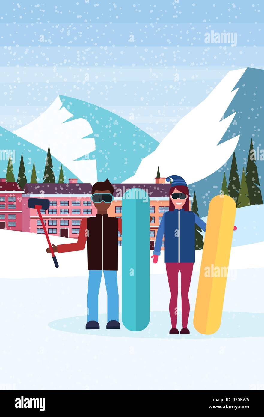 Mélanger les snowboarders course couple ski selfies maisons hôtel téléphérique bâtiments montagnes de neige sapin fond paysage vertical plat concept de vacances d'hiver Illustration de Vecteur
