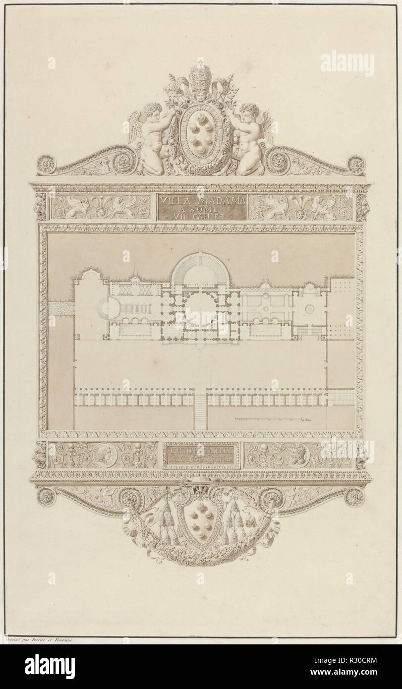 Villa Madama a Rome. En date du : en ou avant 1809. Dimensions : hors tout : 42,2 x 26,2 cm (16 5/8 x 10 5/16 in.). Médium : plume et encre grise avec brown wash sur mine de plomb sur vélin crème ; fixées sur le mont. Musée : National Gallery of Art, Washington DC. Auteur : Charles Percier et Pierre-François-Léonard Fontaine. Banque D'Images