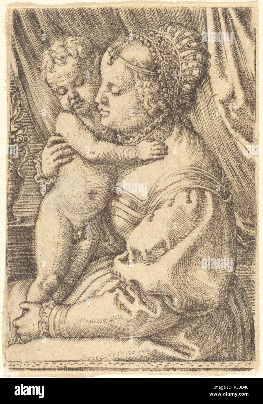 Madonna avec Vase à fleurs. Technique : gravure. Musée : National Gallery of Art, Washington DC. Auteur : Barthel Beham. Banque D'Images