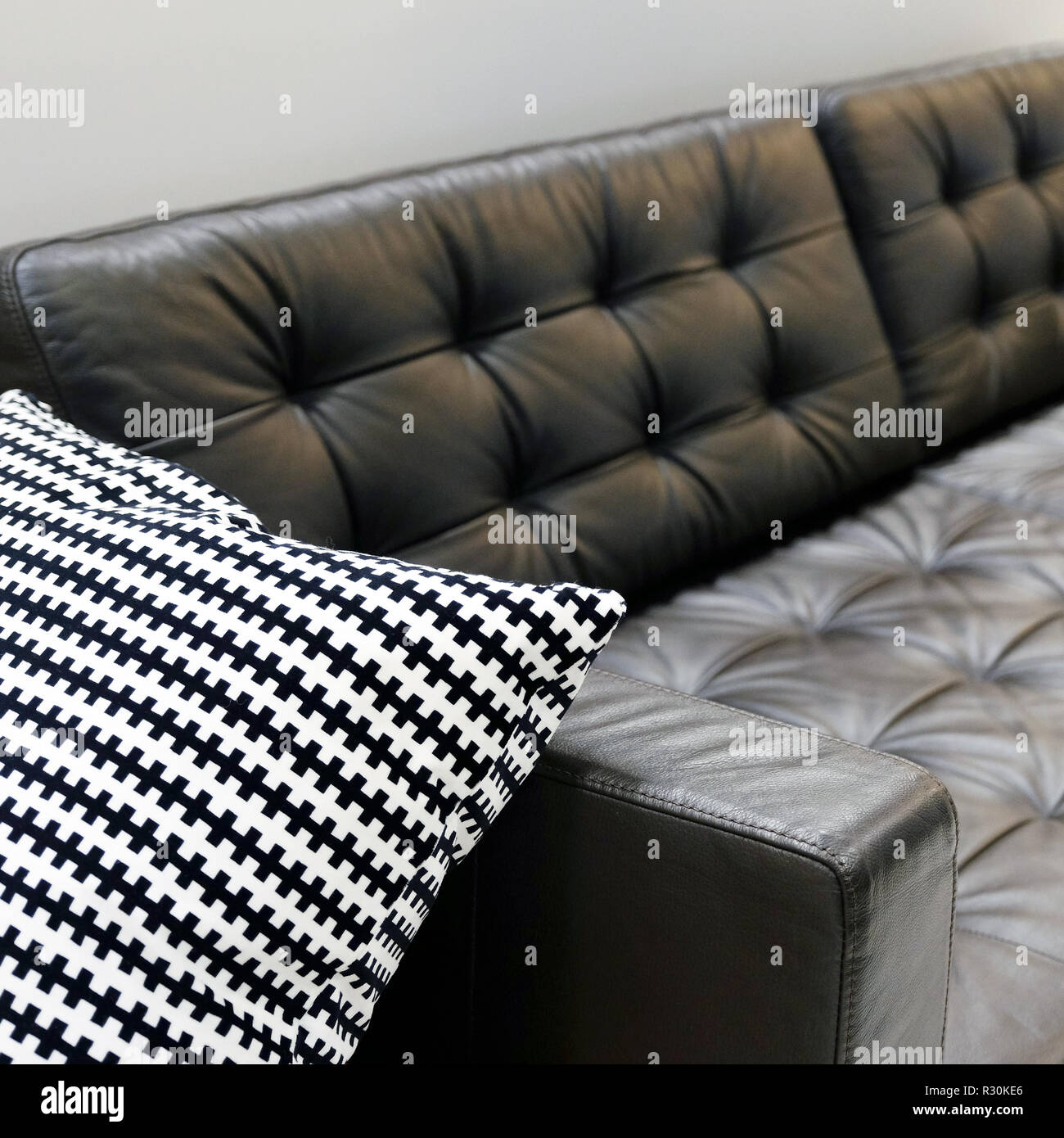 Intérieur salon canapé en cuir avec coussins et Plaid fourrure Photo Stock  - Alamy