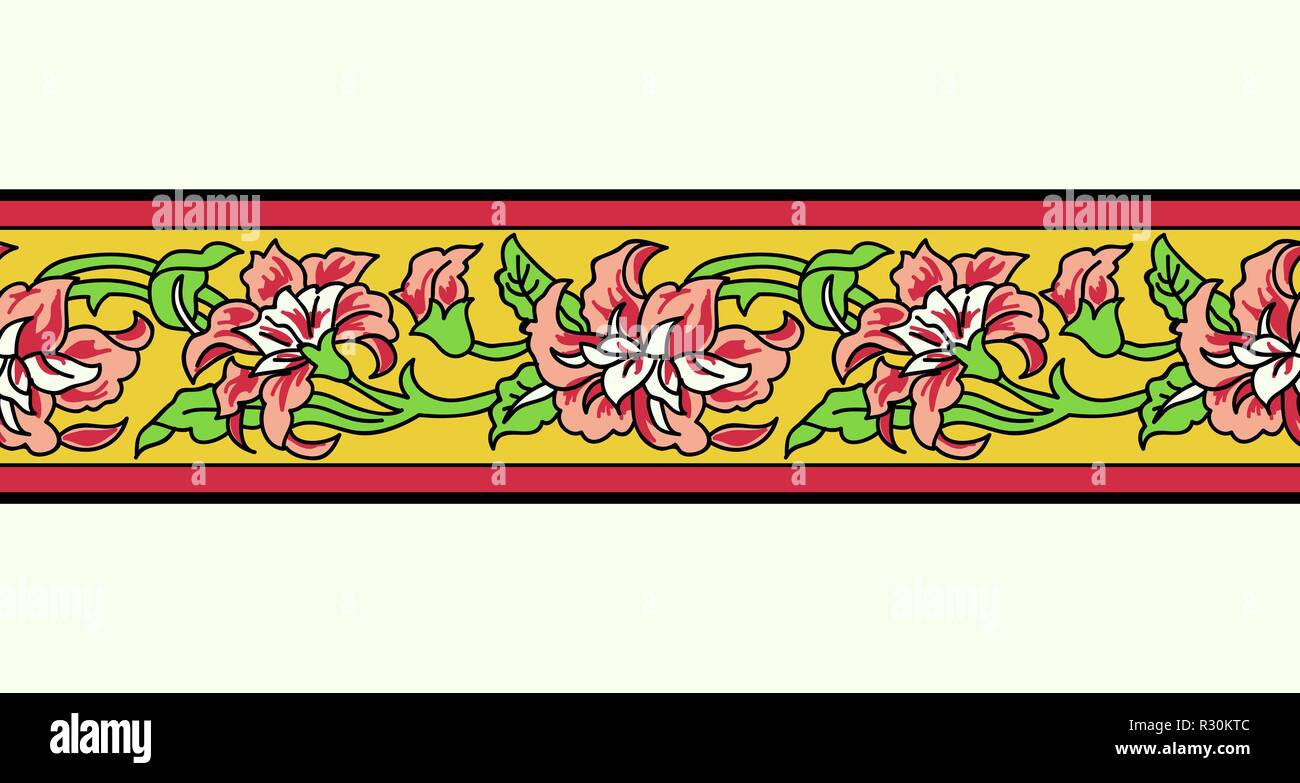 Imprimé floral ethnique sur bois sans frontière. Ornement oriental traditionnel de l'Inde, la guirlande de fleurs de pivoine rose avec motif, sur fond jaune. Illustration de Vecteur