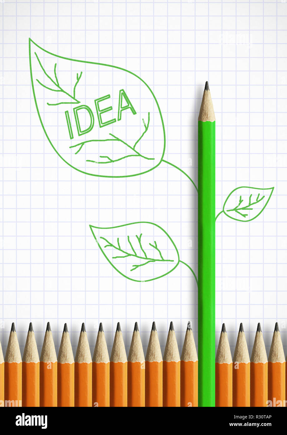 Concept idée réussie, un crayon avec des feuilles comme stem Banque D'Images