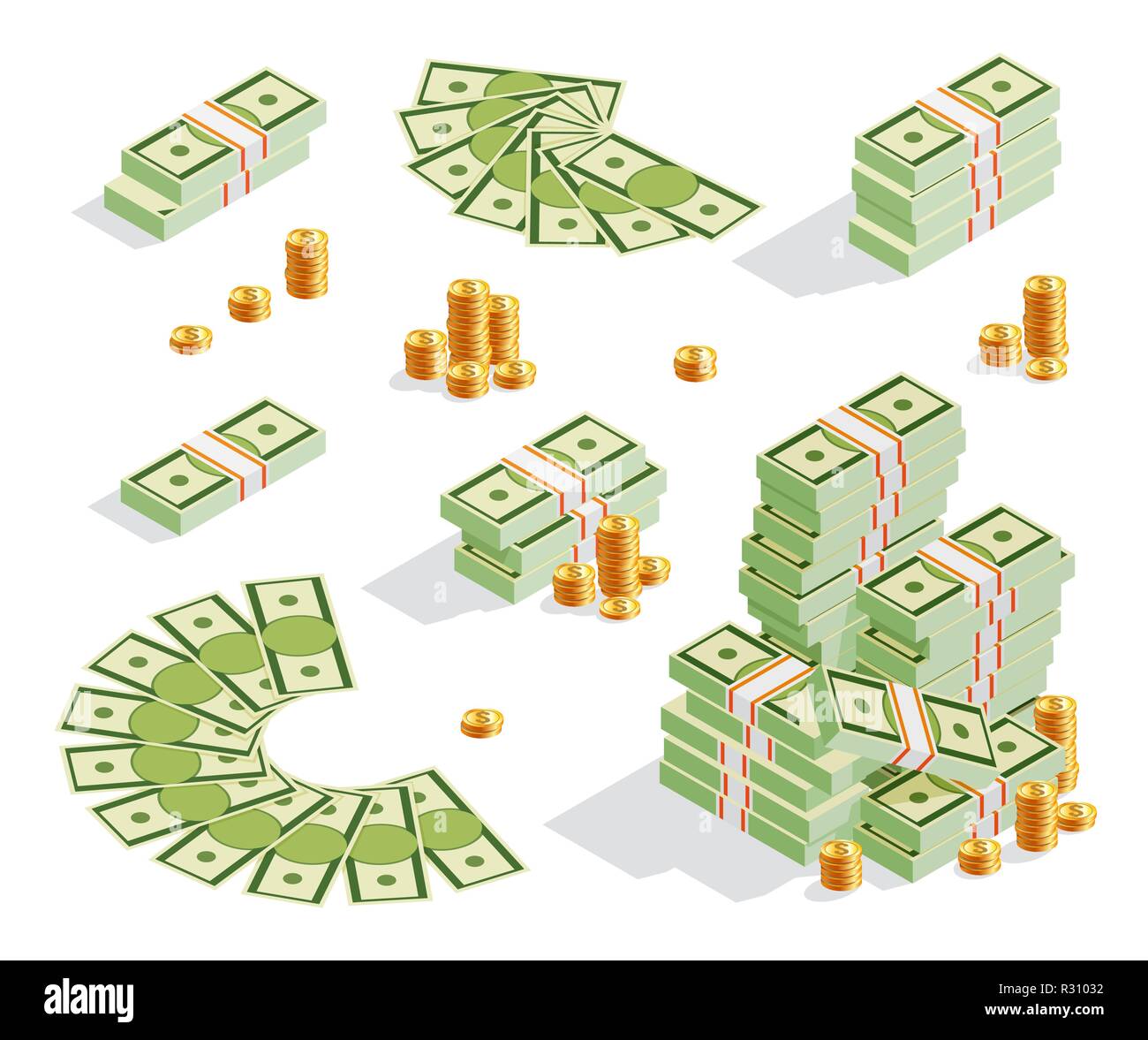 Jeu de pile de billets, de pièces d'or, l'argent comptant, de ventilateur Illustration de Vecteur