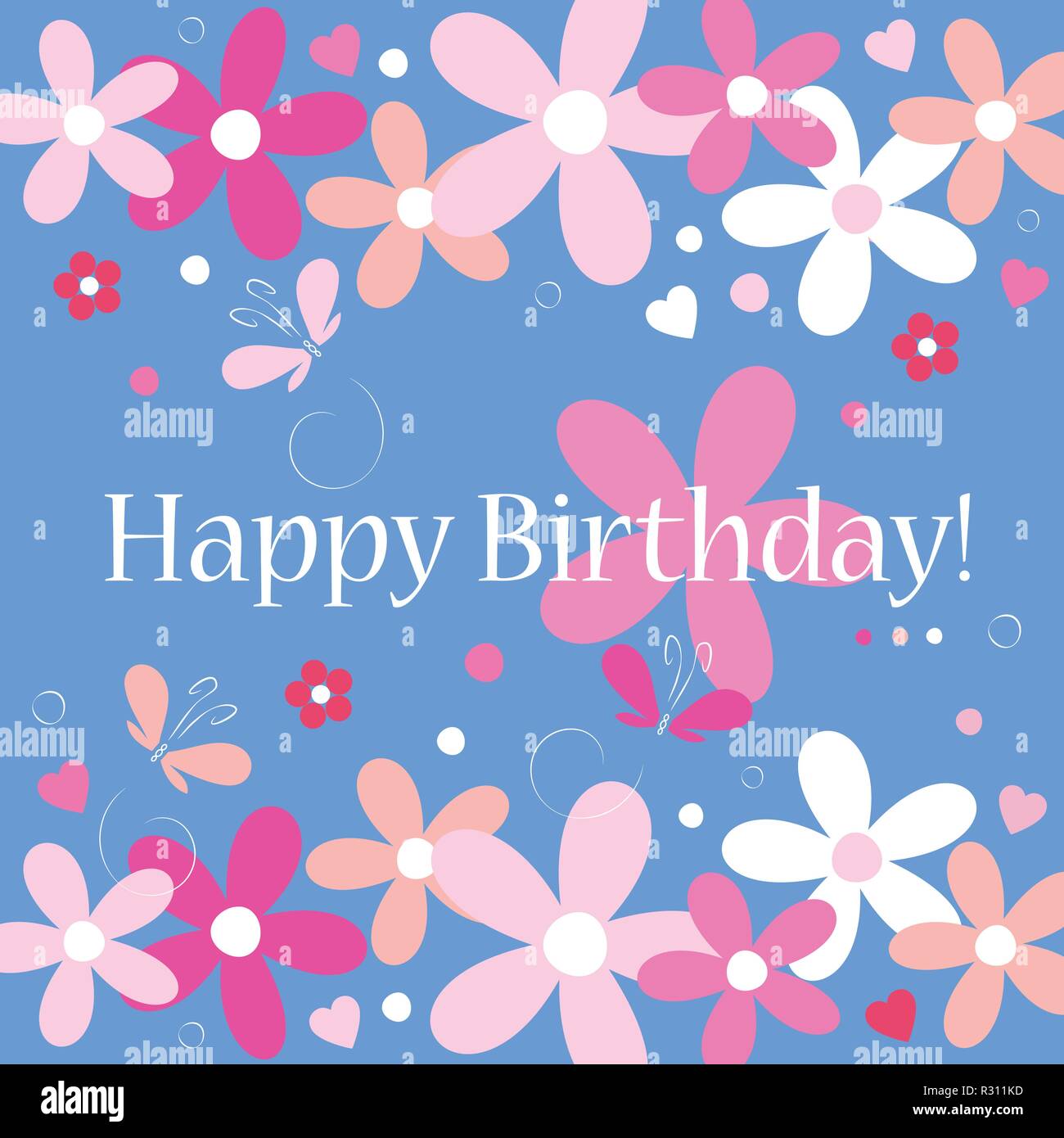 Cœurs Fleurs Et Papillons Joyeux Anniversaire Carte Sur Fond Bleu Image Vectorielle Stock Alamy