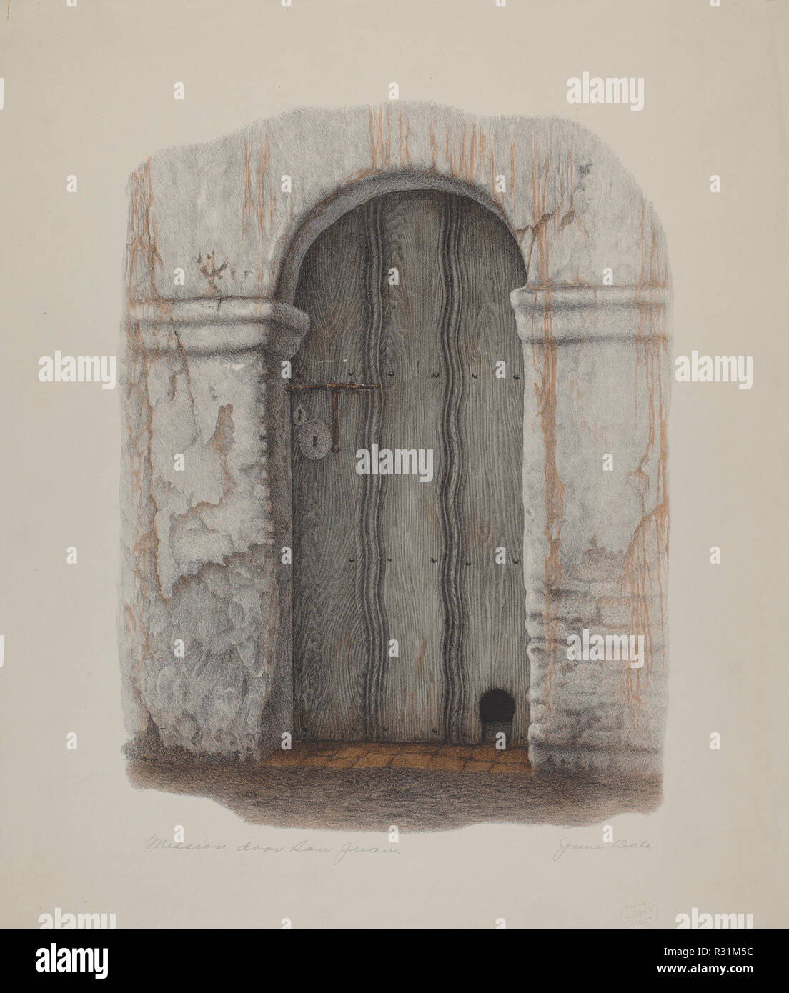 Porte de la Mission San Juan. En date du : 1935/1942. Dimensions : hors tout : 39,4 x 34,3 cm (15 1/2 x 13 1/2 in.). Médium : Lithographie sur papier vélin. Musée : National Gallery of Art, Washington DC. Auteur : Juin Dale. Banque D'Images