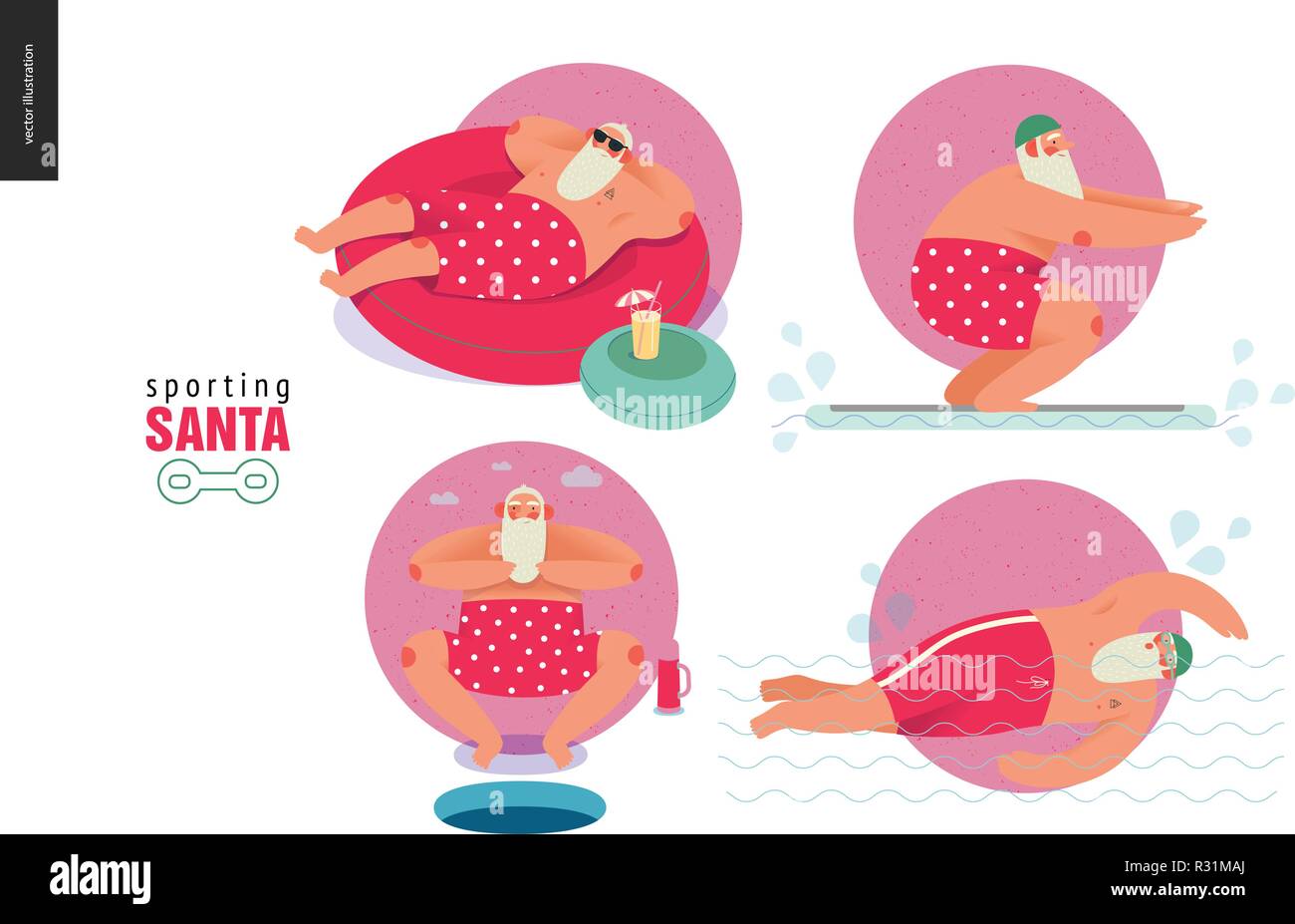 Sporting d'hiver Santa - jeu de l'activité de l'eau - une télévision moderne concept vector illustration of cheerful Santa Claus relaxing en piscine chaude, natation, floatfitt Illustration de Vecteur