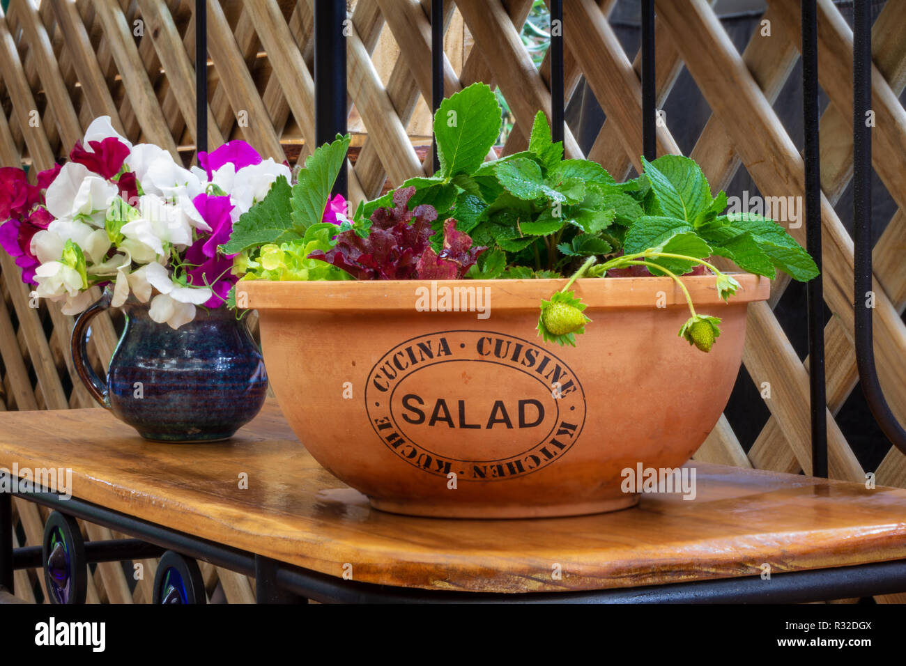 Pots en plastique recyclé, jardinage, salades de plus en plus recyclé upcycled saladier en extérieur dans jardin sur étagère adapté Banque D'Images