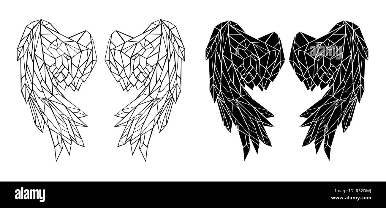 Deux paires de contour, polygonale, plié, ailes noires sur fond blanc. Illustration de Vecteur