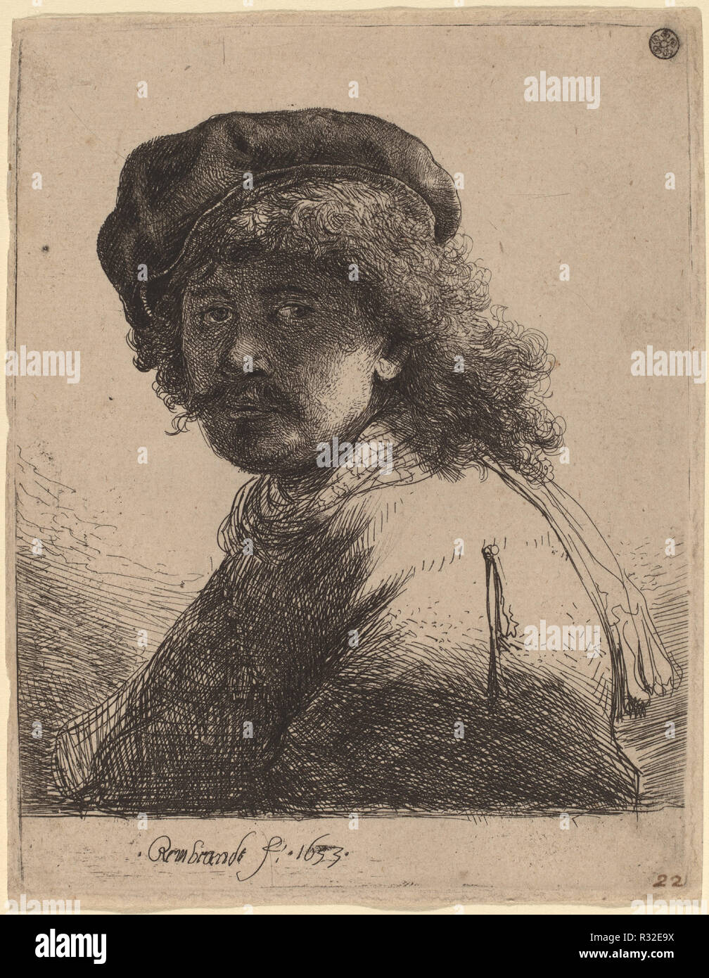 Autoportrait d'une casquette et écharpe avec le visage sombre. En date du :  1633. Fiche technique Dimensions : (découpés à la plaque de passage) : 13,6  x 10,7 cm (5 3/8 x