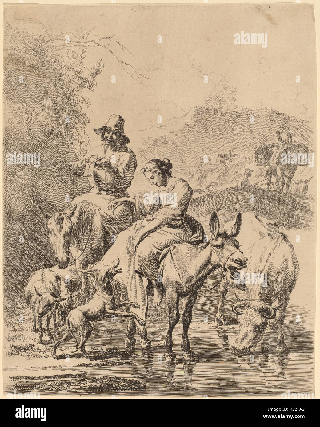 Bergère sur un âne. Technique : gravure. Musée : National Gallery of Art, Washington DC. Auteur : Nicolaes Pietersz Berchem. Banque D'Images