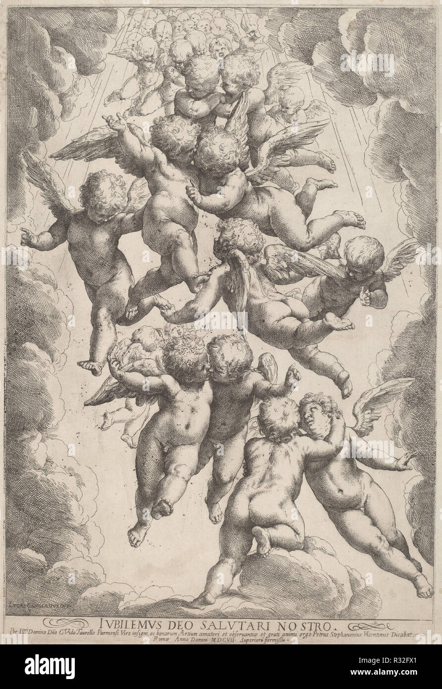 Les anges dans la gloire. En date du : 1607. Fiche technique : Dimensions : 41,9 x 48,8 cm (16 1/2 x 19 3/16 in.) : 40,5 x 47,2 plaque cm (15 15/16 x 18 9/16 in.). Technique : gravure. Musée : National Gallery of Art, Washington DC. Auteur : Guido Reni, après Luca Cambiaso. Banque D'Images