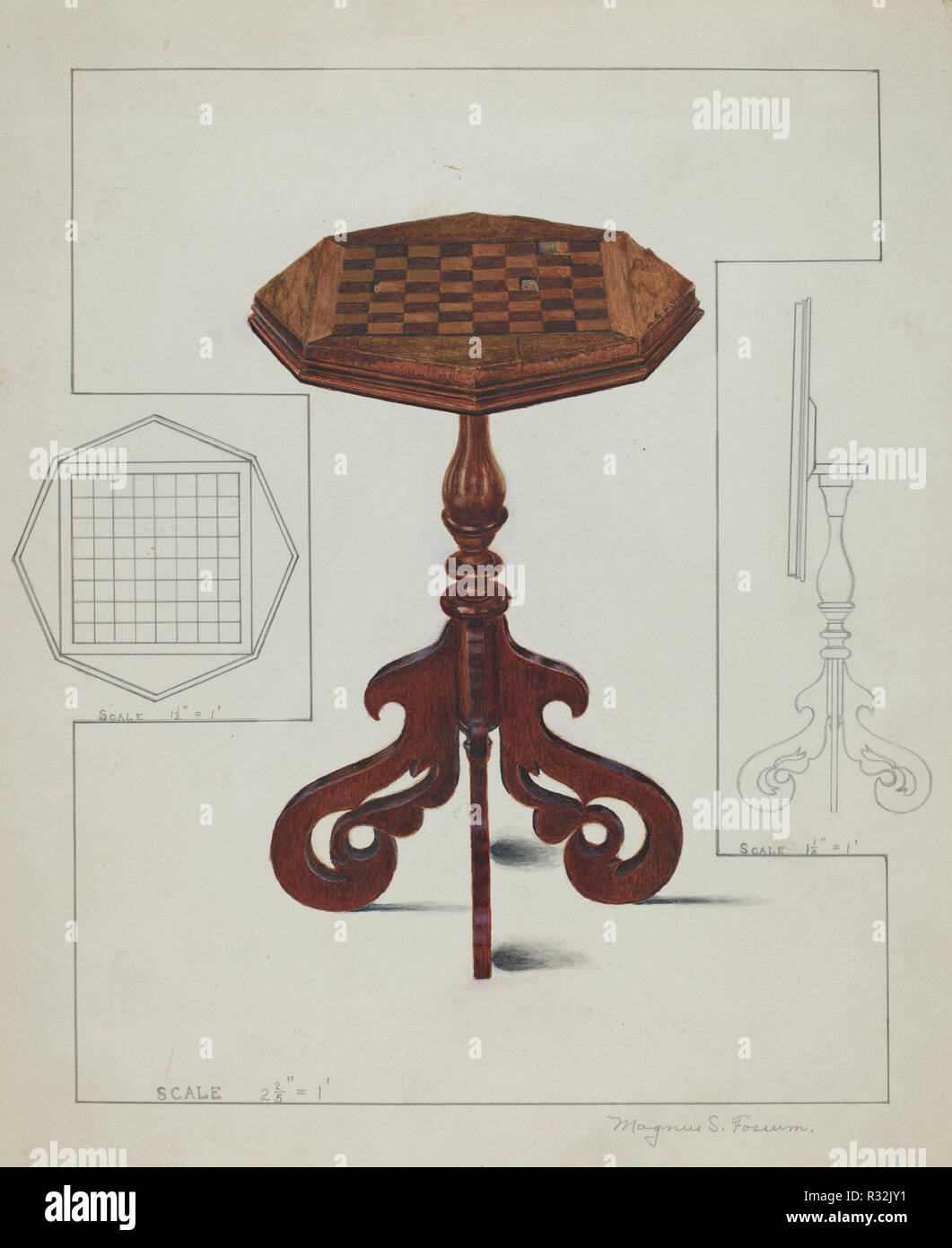 Table à damiers-Incliner le haut. En date du : ch. 1936. Dimensions : hors tout : 28 x 22,7 cm (11 x 8 15/16 in.) Original : Objet de la DIA 28'haut ; 21'diameter. Médium : Aquarelle, crayon de couleur, graphite, et aggravant sur papier. Musée : National Gallery of Art, Washington DC. Auteur : Magnus S. Fossum. Banque D'Images