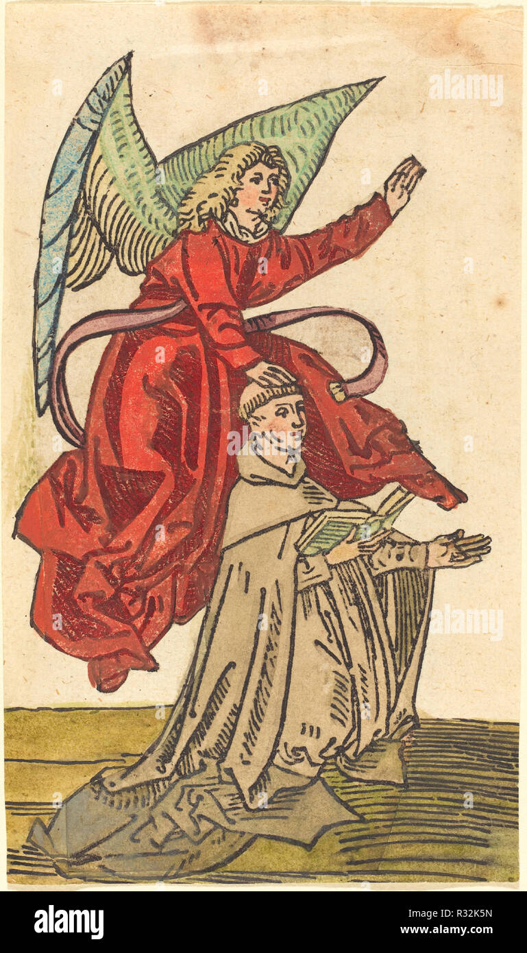 Un moine avec un ange. En date du : 1480/1490. Technique : gravure sur bois, à la main, en rouge, gris olive, olive, vert clair, bleu, jaune et rose. Musée : National Gallery of Art, Washington DC. Auteur : allemand du 15ème siècle. Banque D'Images